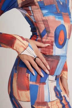 Rebellious Fashion Multi Abstract Print High Neck Mini Dress - Kristi