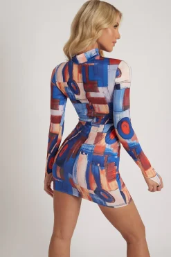 Rebellious Fashion Multi Abstract Print High Neck Mini Dress - Kristi