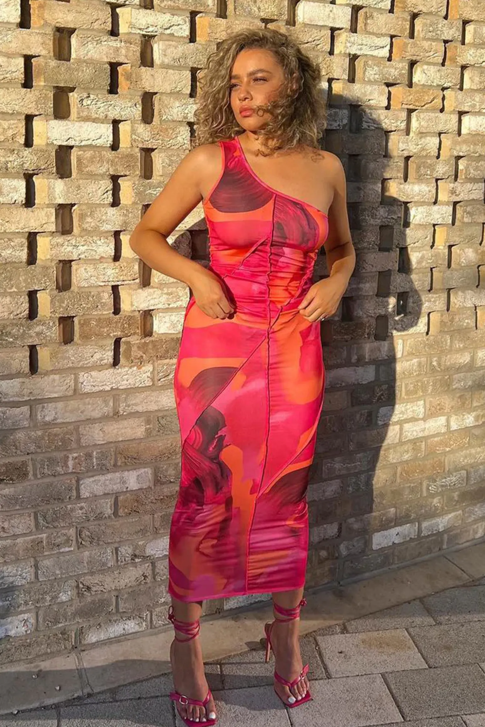 Rebellious Fashion Multi Abstract Print One Shoulder Midi Dress - Pearl