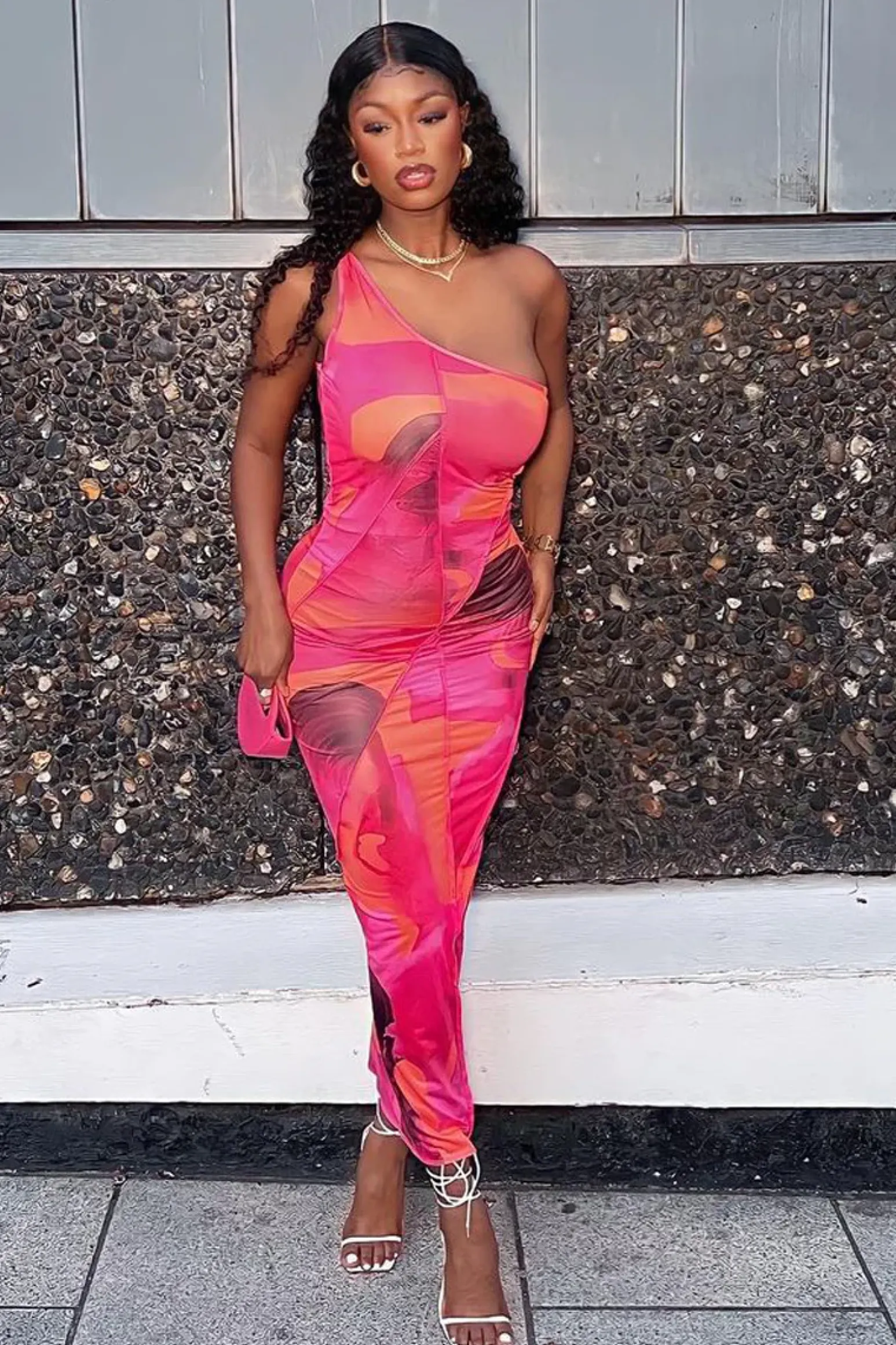 Rebellious Fashion Multi Abstract Print One Shoulder Midi Dress - Pearl