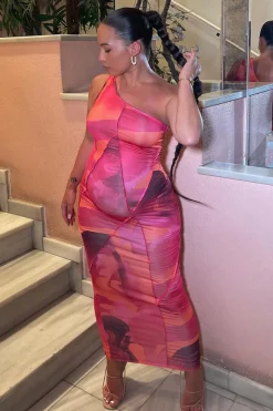Rebellious Fashion Multi Abstract Print One Shoulder Midi Dress - Pearl