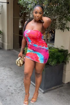 Rebellious Fashion Multi Abstract Print Ruched Mini Tube Dress - Rimi