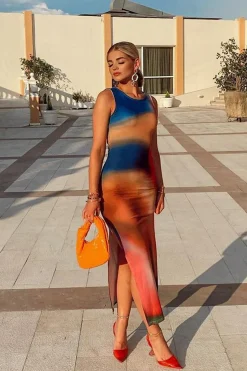 Rebellious Fashion Multi Blur Printed Maxi Dress - Eda