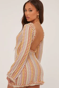 Rebellious Fashion Multi Knit Abstract Pattern Backless Mini Dress - Kerina