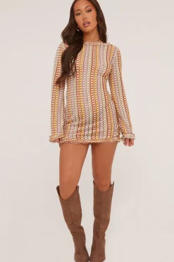 Rebellious Fashion Multi Knit Abstract Pattern Backless Mini Dress - Kerina