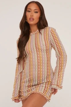 Rebellious Fashion Multi Knit Abstract Pattern Backless Mini Dress - Kerina
