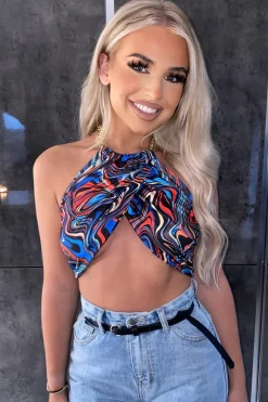 Rebellious Fashion Multi Marble Halter Neck Gold Chain Detail Crop Top - Eren