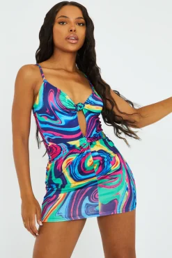 Rebellious Fashion Multi Marble Print Knot Cut Out Detail Mini Dress - Ruby