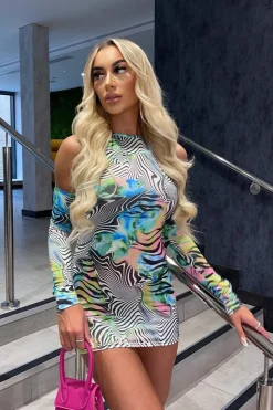 Rebellious Fashion Multi Zebra Print Cut Out Shoulders Mini Dress - Gina