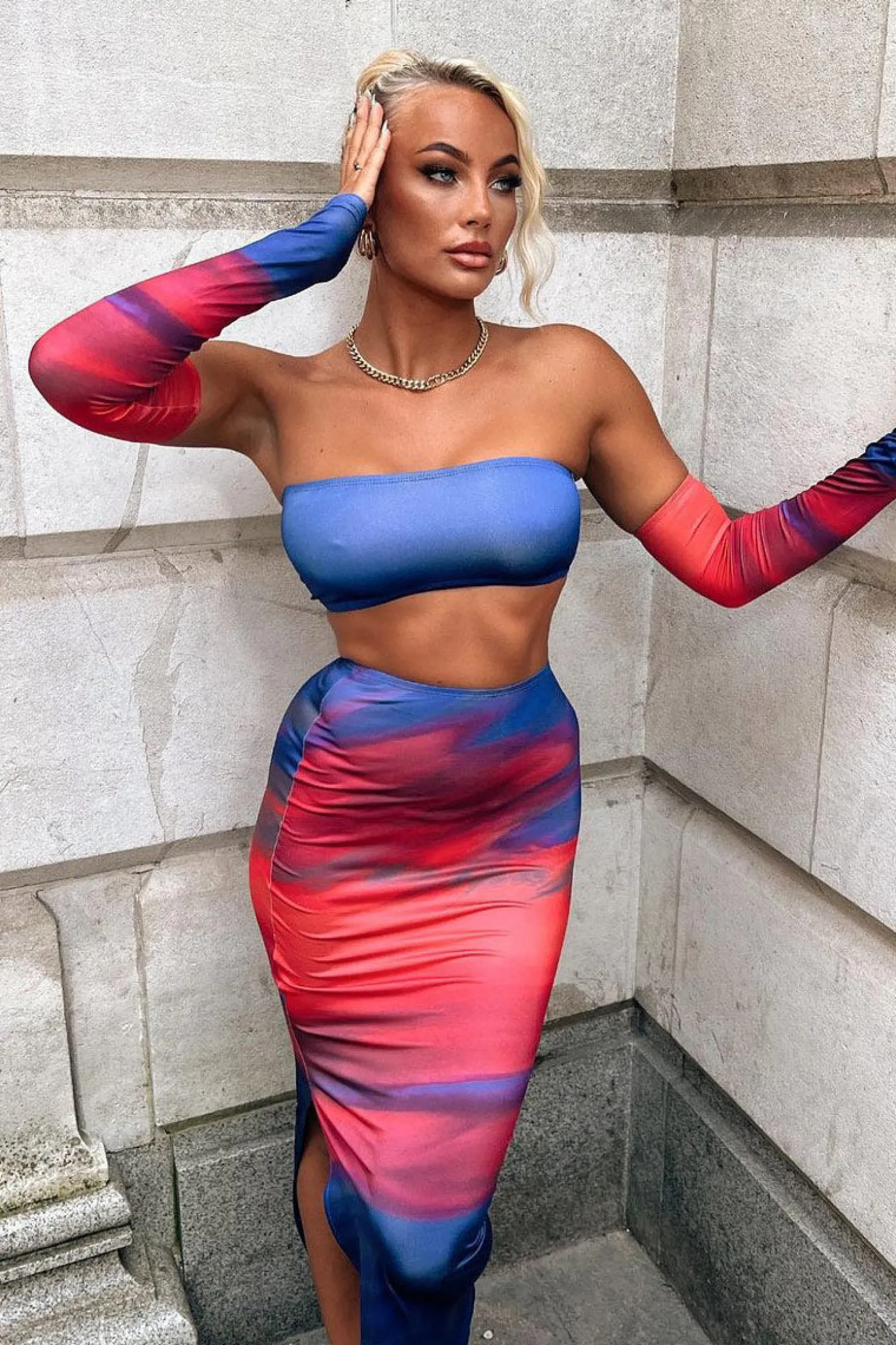 Rebellious Fashion Multi Abstract Print Bandeau Crop Top & Maxi Skirt Co-ord Set - Manna
