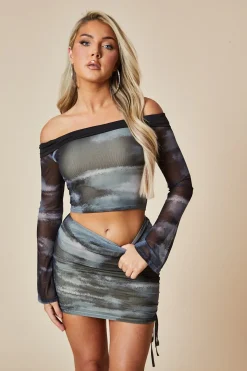 Rebellious Fashion Multi Abstract Print Bardot Cropped Top & Side Ruched Mini skirt Set - Rocio