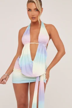 Rebellious Fashion Multi Abstract Print Halter Neck Top & Mini Skirt Co-ord Set - Asher