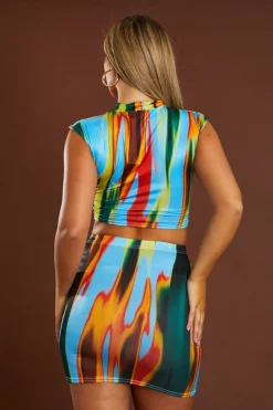 Rebellious Fashion Multi Abstract Print High Neck Crop Top & Mini Skirt Set - Talulla