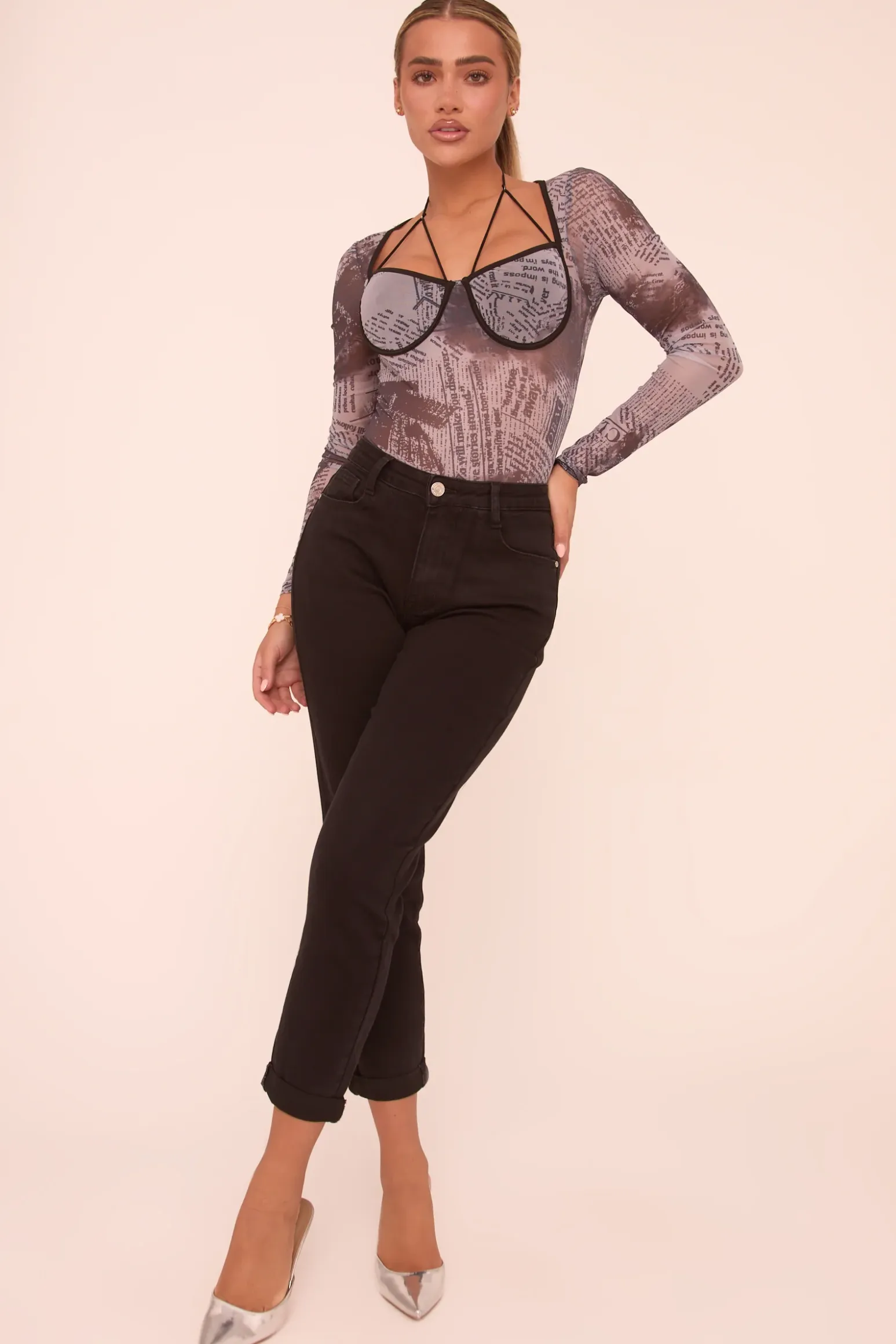 Rebellious Fashion Multi Abstract Print Long Sleeves Bodysuit - Ayla