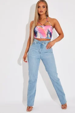 Rebellious Fashion Multi Abstract Print Mesh Halterneck Crop Top - Aggie