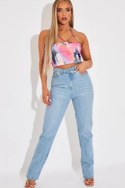 Rebellious Fashion Multi Abstract Print Mesh Halterneck Crop Top - Aggie