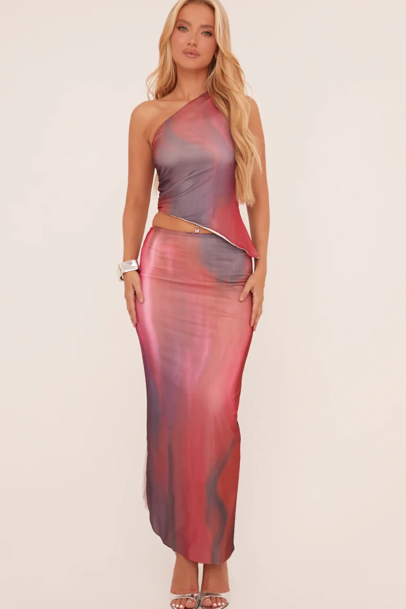 Rebellious Fashion Multi Abstract Print One Shoulder Asymmetric Top & Maxi Skirt Co-ord Set - Yesha