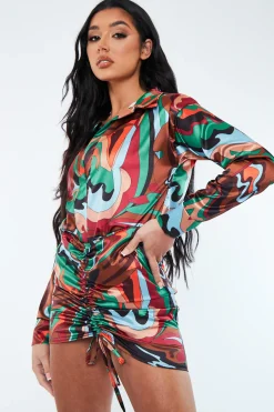Rebellious Fashion Multi Abstract Print Ruched Front Satin Mini Skirt - Mali