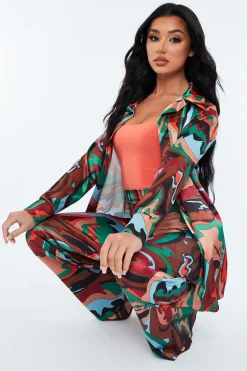 Rebellious Fashion Multi Abstract Print Satin Shirt - Sabella