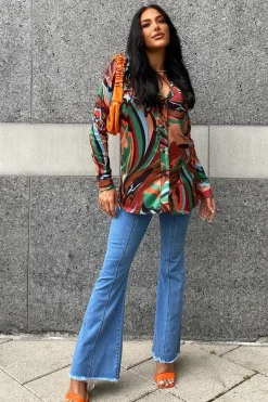 Rebellious Fashion Multi Abstract Print Satin Shirt - Sabella