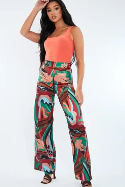 Rebellious Fashion Multi Abstract Print Satin Wide Leg Trouser - Maise
