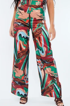Rebellious Fashion Multi Abstract Print Satin Wide Leg Trouser - Maise
