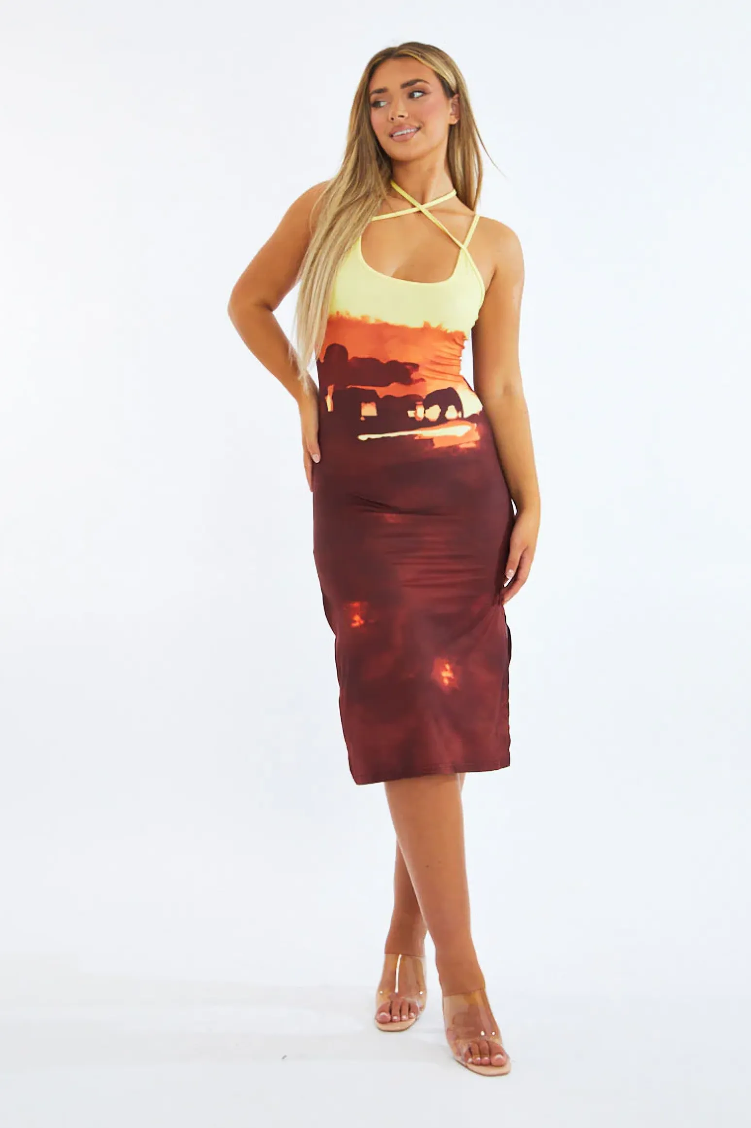 Rebellious Fashion Multi Abstract Print Side Slit Midi Dress - Calista