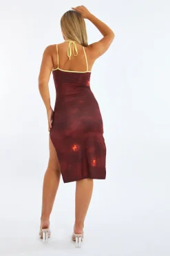 Rebellious Fashion Multi Abstract Print Side Slit Midi Dress - Calista
