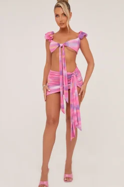 Rebellious Fashion Multi Abstract Print Tie Front Cropped Top & Mini Skirt Co-ord Set - Varii