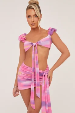 Rebellious Fashion Multi Abstract Print Tie Front Cropped Top & Mini Skirt Co-ord Set - Varii