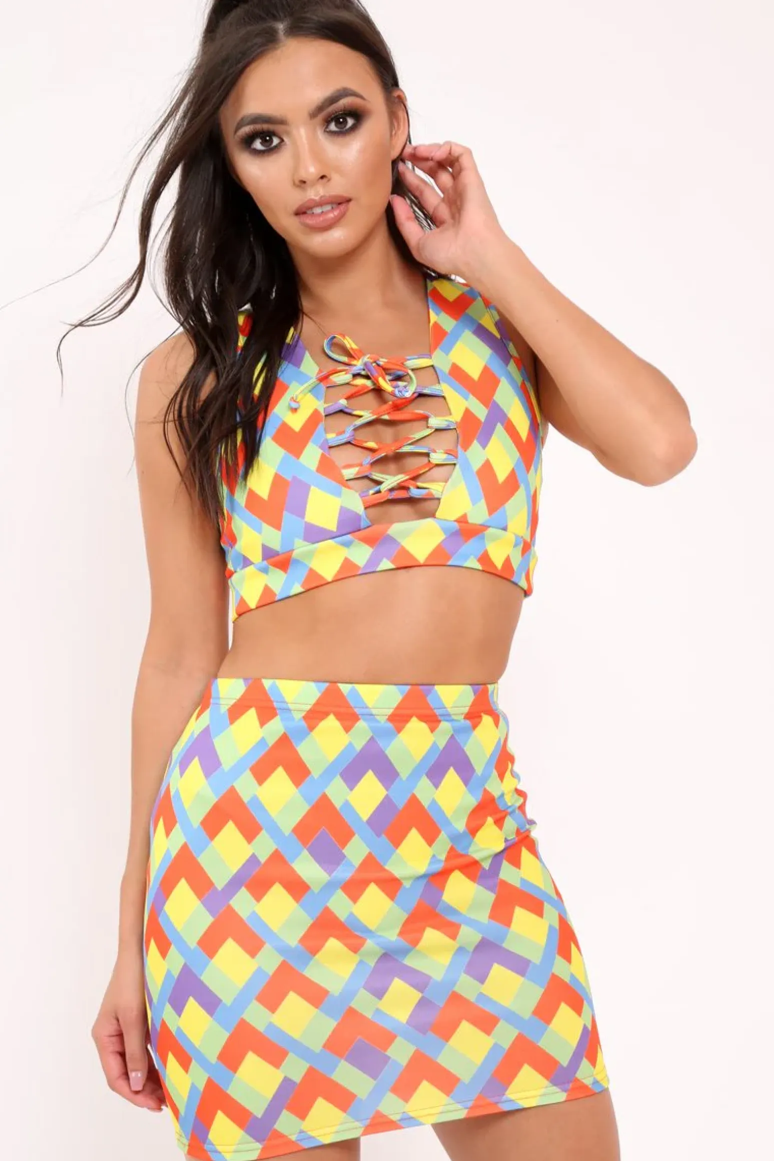 Rebellious Fashion Multi Aztec Print Lace Up Crop Top And Mini Skirt Co-ord - Mabrey