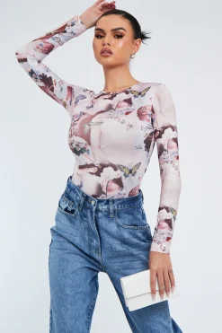 Rebellious Fashion Multi Cherub Print Full Sleeve Bodysuit - Shen