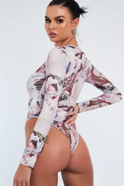 Rebellious Fashion Multi Cherub Print Full Sleeve Bodysuit - Shen