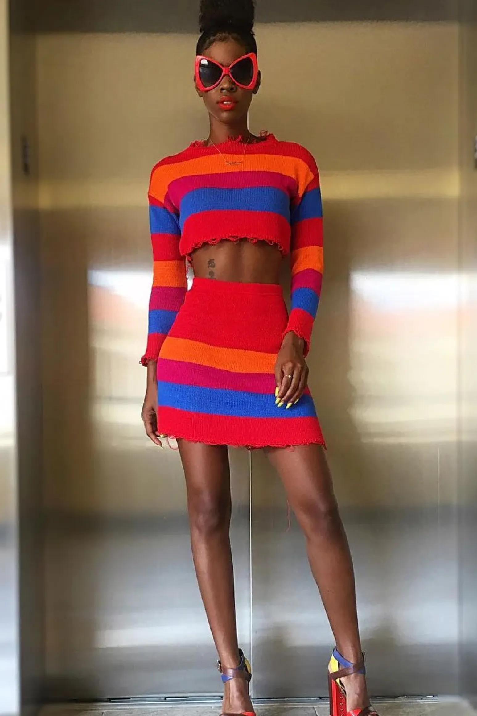 Rebellious Fashion Multi Coloured Knitted Cropped Jumper And Skirt Co-Ord - Lahna