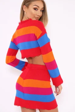 Rebellious Fashion Multi Coloured Knitted Cropped Jumper And Skirt Co-Ord - Lahna