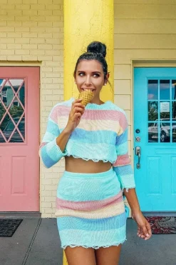 Rebellious Fashion Multi Coloured Pastel Knitted Cropped Jumper And Skirt Co-Ord - Lahna