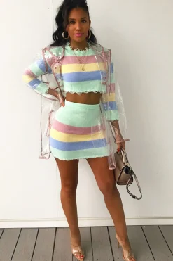 Rebellious Fashion Multi Coloured Pastel Knitted Cropped Jumper And Skirt Co-Ord - Lahna