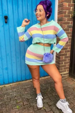 Rebellious Fashion Multi Coloured Pastel Knitted Cropped Jumper And Skirt Co-Ord - Lahna