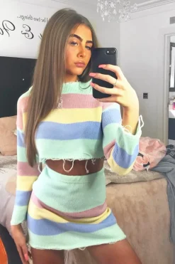 Rebellious Fashion Multi Coloured Pastel Knitted Cropped Jumper And Skirt Co-Ord - Lahna