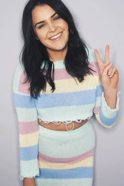 Rebellious Fashion Multi Coloured Pastel Knitted Cropped Jumper And Skirt Co-Ord - Lahna