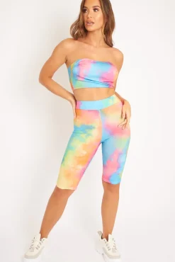 Rebellious Fashion Multi Coloured Tie Dye Cropped Top and Cycling Shorts Co-ord - Dianna