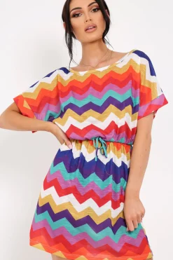 Rebellious Fashion Multi Coloured Zig Zag Tie Waist T Shirt Dress - Maegan