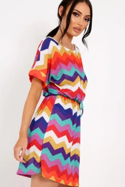 Rebellious Fashion Multi Coloured Zig Zag Tie Waist T Shirt Dress - Maegan