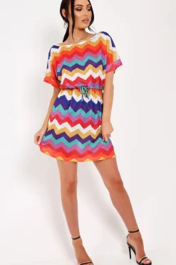 Rebellious Fashion Multi Coloured Zig Zag Tie Waist T Shirt Dress - Maegan