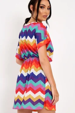 Rebellious Fashion Multi Coloured Zig Zag Tie Waist T Shirt Dress - Maegan