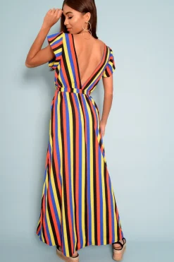 Rebellious Fashion Multi Colour Plunge Wrap Belted Maxi Dress - Carri
