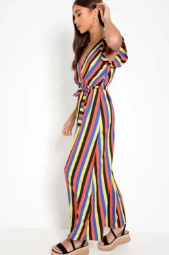 Rebellious Fashion Multi Colour Plunge Wrap Belted Maxi Dress - Carri