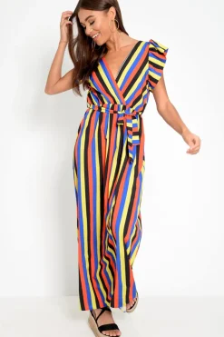 Rebellious Fashion Multi Colour Plunge Wrap Belted Maxi Dress - Carri