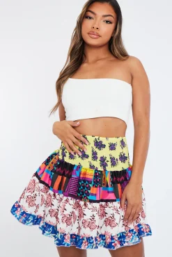 Rebellious Fashion Multi Floral Print Shirred Boho Mini Skirt - Lottie