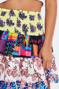 Rebellious Fashion Multi Floral Print Shirred Boho Mini Skirt - Lottie